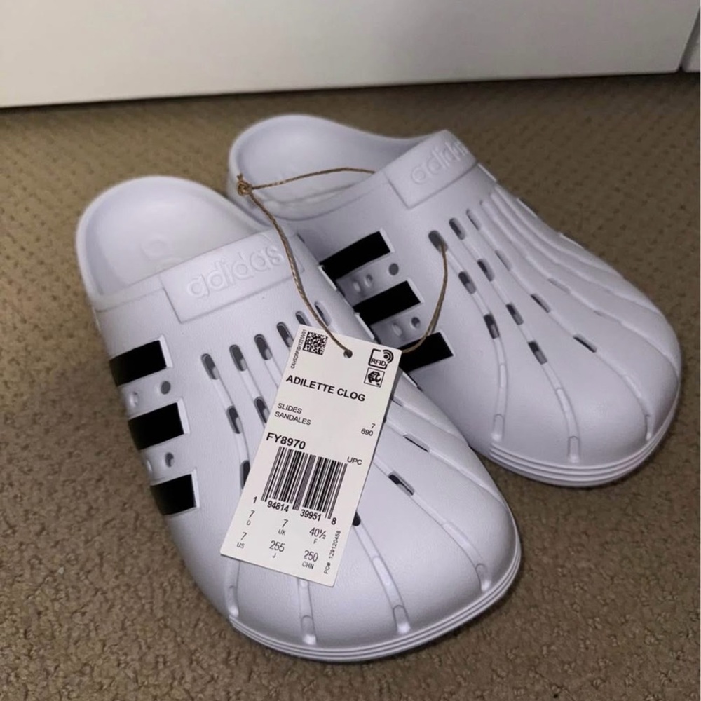 Adidas White and Black Slip-On Sandals